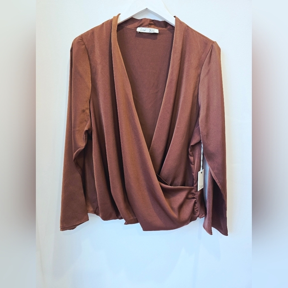 DEX Elegant Brown Wrap Top Long Sleeve Ruched Size XL X - Picture 1 of 9